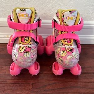 Pink Smiley Face Adjustable Roller Derby 4 Wheel Skates. Toddler Girls Size 7-11